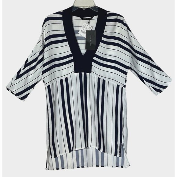 New ZARA White & Navy Blue Stripes High Low V-Neck Tunic Top - Picture 2 of 10